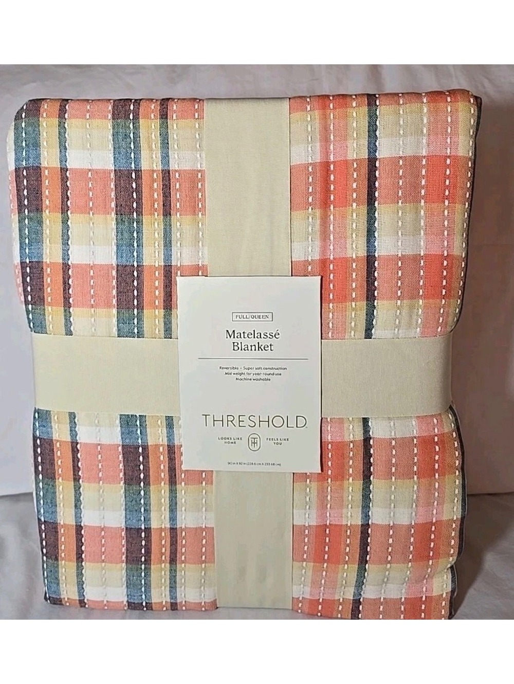 Threshold Full/Queen Matelassé Blanket Spring Plaid Pattern Cotton Blend